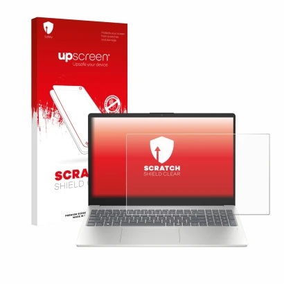 Parte frontal de un envase de producto con el logotipo de la marca upscreen. Al lado se muestra el dispositivo HP Laptop 15-fd