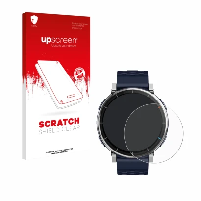 Parte frontal de un envase de producto con el logotipo de la marca upscreen. Al lado se muestra el dispositivo Amazfit Active