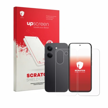 Parte frontal de un envase de producto con el logotipo de la marca upscreen. Al lado se muestra el dispositivo Xiaomi Poco X8