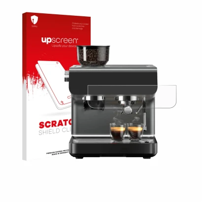Parte frontal de un envase de producto con el logotipo de la marca upscreen. Al lado se muestra el dispositivo WMF Espresso Pr