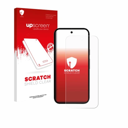 Parte frontal de un envase de producto con el logotipo de la marca upscreen. Al lado se muestra el dispositivo Google Pixel 10