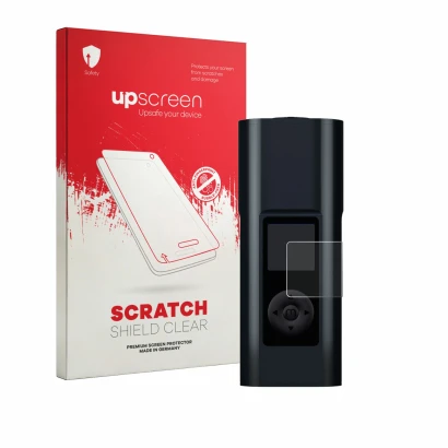 Parte frontal de un envase de producto con el logotipo de la marca upscreen. Al lado se muestra el dispositivo Arizer Solo 3 V
