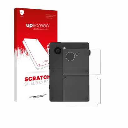 Parte frontal de un envase de producto con el logotipo de la marca upscreen. Al lado se muestra el dispositivo Light Phone 3 (