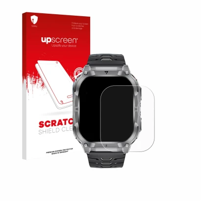 Parte frontal de un envase de producto con el logotipo de la marca upscreen. Al lado se muestra el dispositivo LIGE EF22 2" co