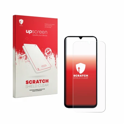 Parte frontal de un envase de producto con el logotipo de la marca upscreen. Al lado se muestra el dispositivo Xiaomi Redmi 15