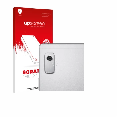 Parte frontal de un envase de producto con el logotipo de la marca upscreen. Al lado se muestra el dispositivo Lenovo Tab M9 (