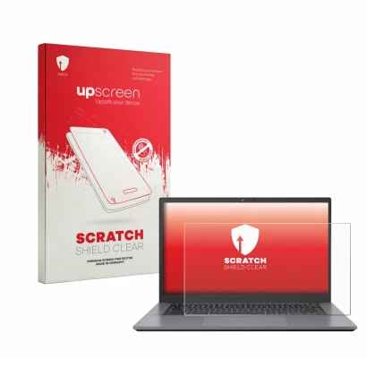 Parte frontal de un envase de producto con el logotipo de la marca upscreen. Al lado se muestra el dispositivo ASUS Chromebook