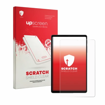 Parte frontal de un envase de producto con el logotipo de la marca upscreen. Al lado se muestra el dispositivo Alldocube iPlay