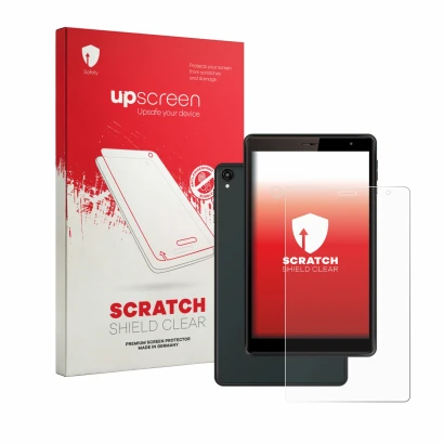 Parte frontal de un envase de producto con el logotipo de la marca upscreen. Al lado se muestra el dispositivo Logicom Tab 80 