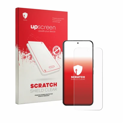 Parte frontal de un envase de producto con el logotipo de la marca upscreen. Al lado se muestra el dispositivo Oppo K15 Pro co