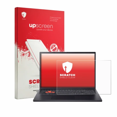 Parte frontal de un envase de producto con el logotipo de la marca upscreen. Al lado se muestra el dispositivo Acer Nitro Lite