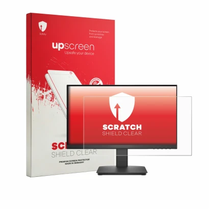 Parte frontal de un envase de producto con el logotipo de la marca upscreen. Al lado se muestra el dispositivo Dell 22 SE2225H