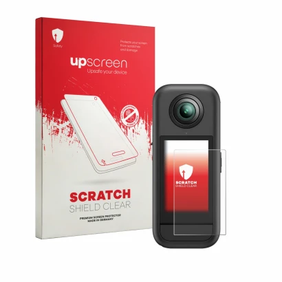 Parte frontal de un envase de producto con el logotipo de la marca upscreen. Al lado se muestra el dispositivo Akaso 360 con s