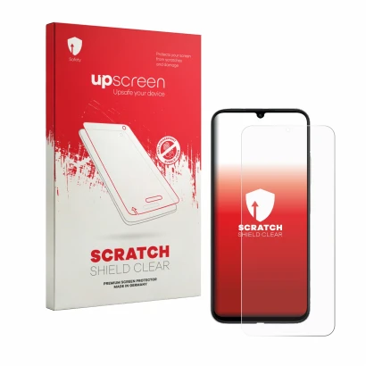 Parte frontal de un envase de producto con el logotipo de la marca upscreen. Al lado se muestra el dispositivo Redmi R70m 5G c