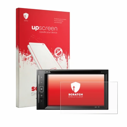 Parte frontal de un envase de producto con el logotipo de la marca upscreen. Al lado se muestra el dispositivo Pioneer DMH-A24