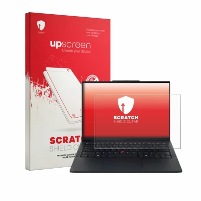 Parte frontal de un envase de producto con el logotipo de la marca upscreen. Al lado se muestra el dispositivo Lenovo ThinkPad