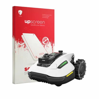 Parte frontal de un envase de producto con el logotipo de la marca upscreen. Al lado se muestra el dispositivo Mammotion Yuka 
