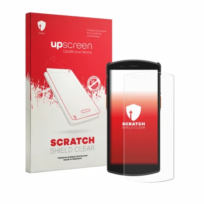 Parte frontal de un envase de producto con el logotipo de la marca upscreen. Al lado se muestra el dispositivo Urovo CT58S con