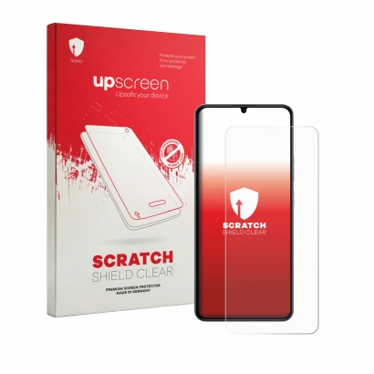 Parte frontal de un envase de producto con el logotipo de la marca upscreen. Al lado se muestra el dispositivo realme Note 80 