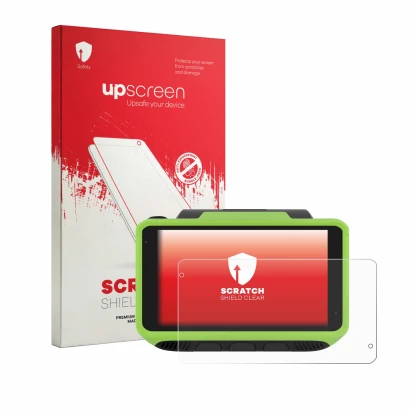 Parte frontal de un envase de producto con el logotipo de la marca upscreen. Al lado se muestra el dispositivo Zebra WT6400 co
