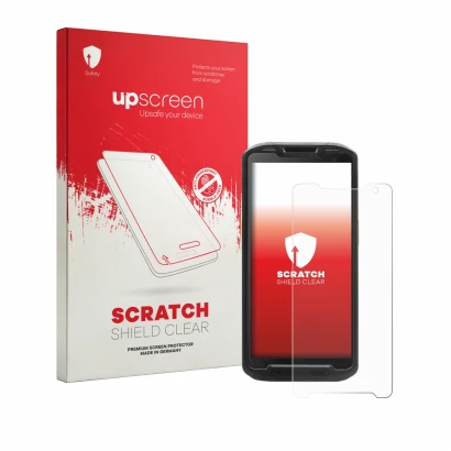 Parte frontal de un envase de producto con el logotipo de la marca upscreen. Al lado se muestra el dispositivo Point Mobile PM
