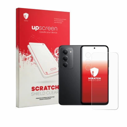 Parte frontal de un envase de producto con el logotipo de la marca upscreen. Al lado se muestra el dispositivo Xiaomi Poco M8s