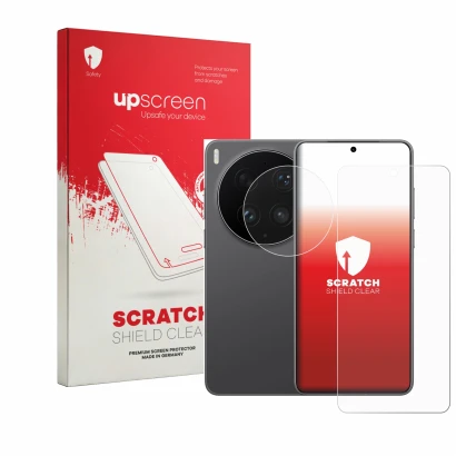 Parte frontal de un envase de producto con el logotipo de la marca upscreen. Al lado se muestra el dispositivo Vivo X300 Ultra