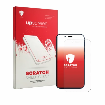 Parte frontal de un envase de producto con el logotipo de la marca upscreen. Al lado se muestra el dispositivo Hisense U964 co