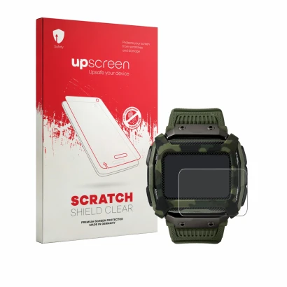 Parte frontal de un envase de producto con el logotipo de la marca upscreen. Al lado se muestra el dispositivo Timex Command S