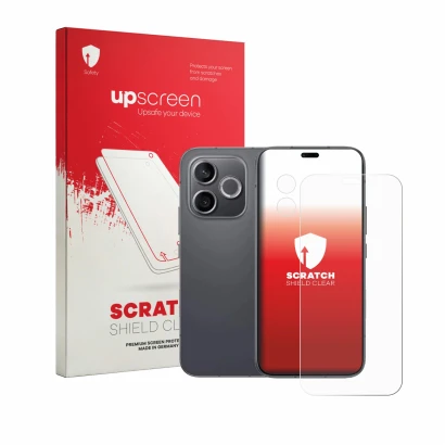 Parte frontal de un envase de producto con el logotipo de la marca upscreen. Al lado se muestra el dispositivo Honor 600 Lite