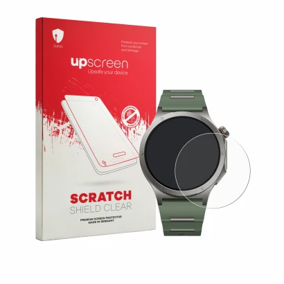 Parte frontal de un envase de producto con el logotipo de la marca upscreen. Al lado se muestra el dispositivo OnePlus Watch 4