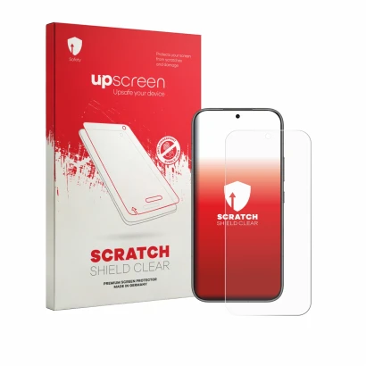 Parte frontal de un envase de producto con el logotipo de la marca upscreen. Al lado se muestra el dispositivo Honor 600 Pro c