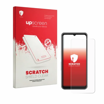 Parte frontal de un envase de producto con el logotipo de la marca upscreen. Al lado se muestra el dispositivo Sonim XP Pro E