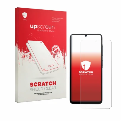Parte frontal de un envase de producto con el logotipo de la marca upscreen. Al lado se muestra el dispositivo Hotwav A56 con