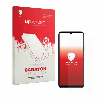 Parte frontal de un envase de producto con el logotipo de la marca upscreen. Al lado se muestra el dispositivo General Mobile