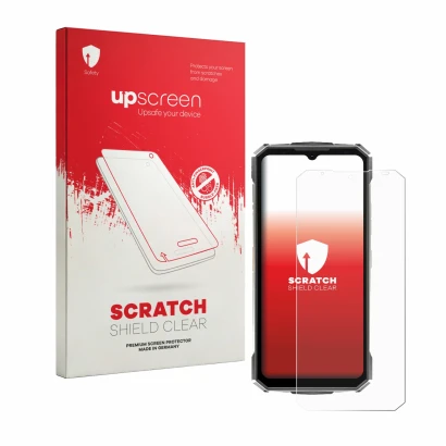 Parte frontal de un envase de producto con el logotipo de la marca upscreen. Al lado se muestra el dispositivo Doogee Fire 7 U