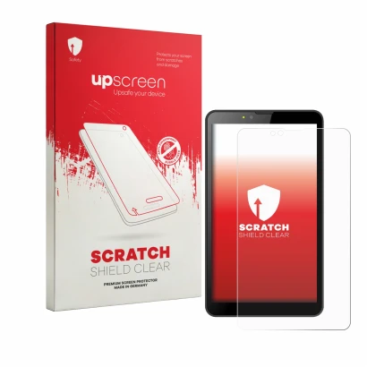 Parte frontal de un envase de producto con el logotipo de la marca upscreen. Al lado se muestra el dispositivo Brave BT7X1 con