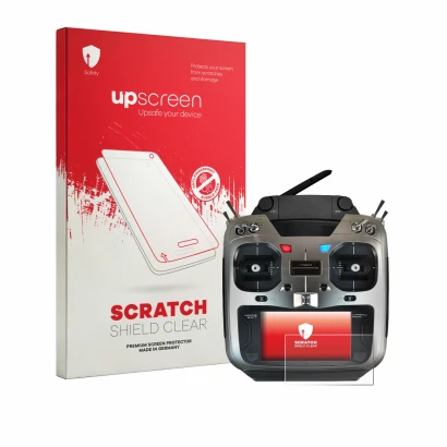 Parte frontal de un envase de producto con el logotipo de la marca upscreen. Al lado se muestra el dispositivo Robbe Futaba T1
