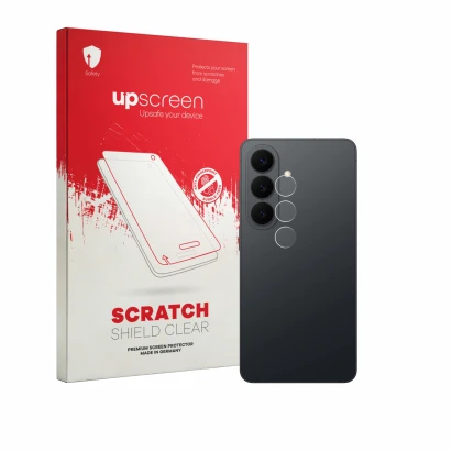 Parte frontal de un envase de producto con el logotipo de la marca upscreen. Al lado se muestra el dispositivo Samsung Galaxy