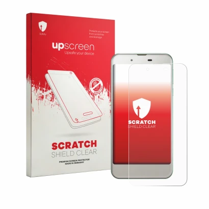 Parte frontal de un envase de producto con el logotipo de la marca upscreen. Al lado se muestra el dispositivo Sharp Aquos SHV