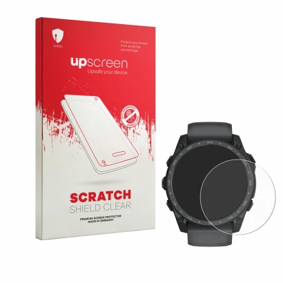 Parte frontal de un envase de producto con el logotipo de la marca upscreen. Al lado se muestra el dispositivo Garmin Tactix 8