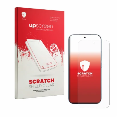 Parte frontal de un envase de producto con el logotipo de la marca upscreen. Al lado se muestra el dispositivo Xiaomi 17T con 