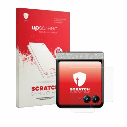 Parte frontal de un envase de producto con el logotipo de la marca upscreen. Al lado se muestra el dispositivo Motorola Razr 7