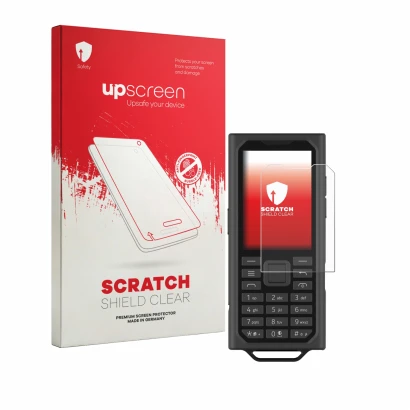 Parte frontal de un envase de producto con el logotipo de la marca upscreen. Al lado se muestra el dispositivo HMD Terra M con