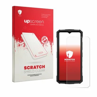 Parte frontal de un envase de producto con el logotipo de la marca upscreen. Al lado se muestra el dispositivo Doogee Fire 7 P