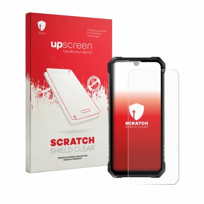 Parte frontal de un envase de producto con el logotipo de la marca upscreen. Al lado se muestra el dispositivo Lagenio Rhino 1