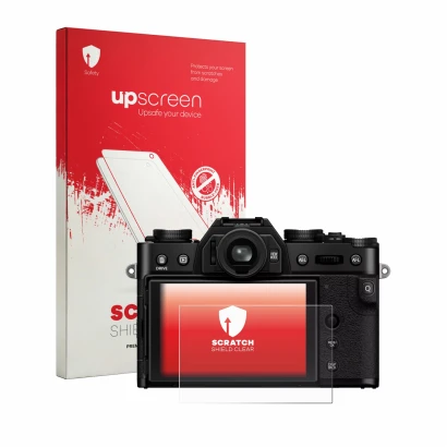Parte frontal de un envase de producto con el logotipo de la marca upscreen. Al lado se muestra el dispositivo Fujifilm X-T30