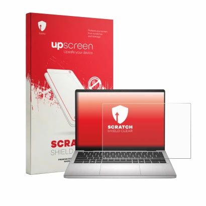 Parte frontal de un envase de producto con el logotipo de la marca upscreen. Al lado se muestra el dispositivo Dell Dell Pro 1