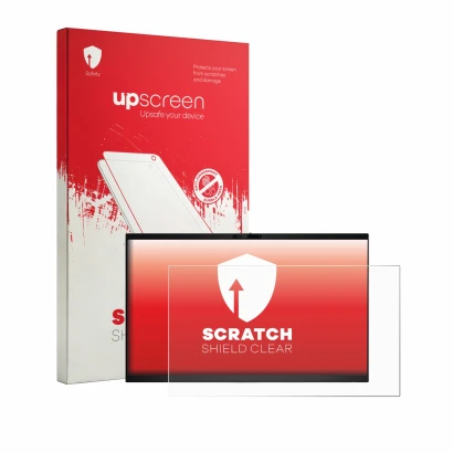 Parte frontal de un envase de producto con el logotipo de la marca upscreen. Al lado se muestra el dispositivo Dell Pro 24 E24
