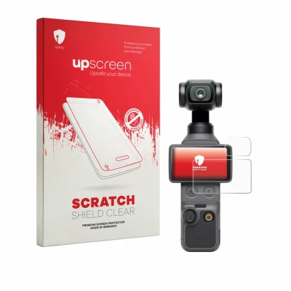 Parte frontal de un envase de producto con el logotipo de la marca upscreen. Al lado se muestra el dispositivo DJI Osmo Pocket